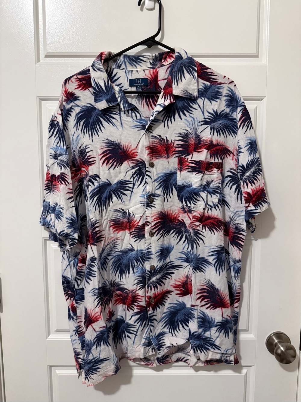 George Short-Sleeve Palm Print Button-Down Shirt - White with Blue & Red